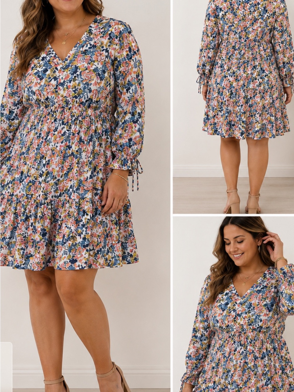Taylor Floral V-Neck Mini Dress — Pink, Blue & Cream